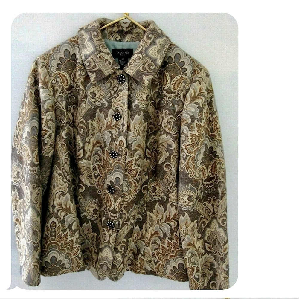 Focus 2000 Size16W Jacquard fabric Jacket w/ rhinestone buttons NWOT